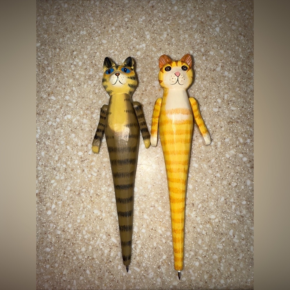 Folk Art Hand Crafted Striped Cat Pens - Brown and Orange